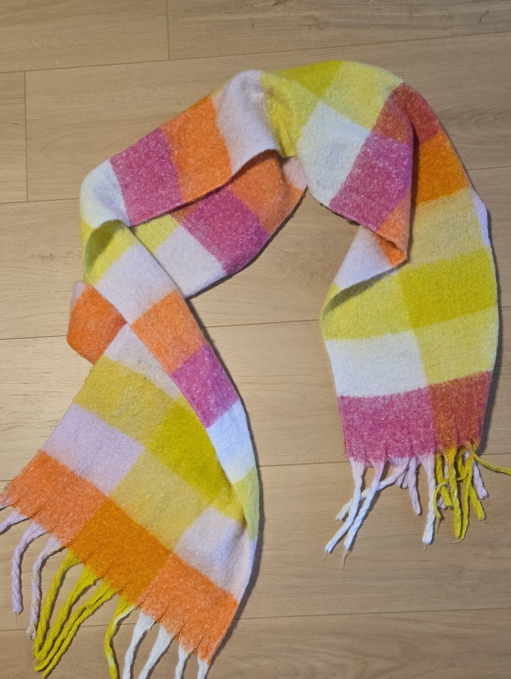 Vibrant Check Fringe Scarf - Yellow, Pink, Orange, White